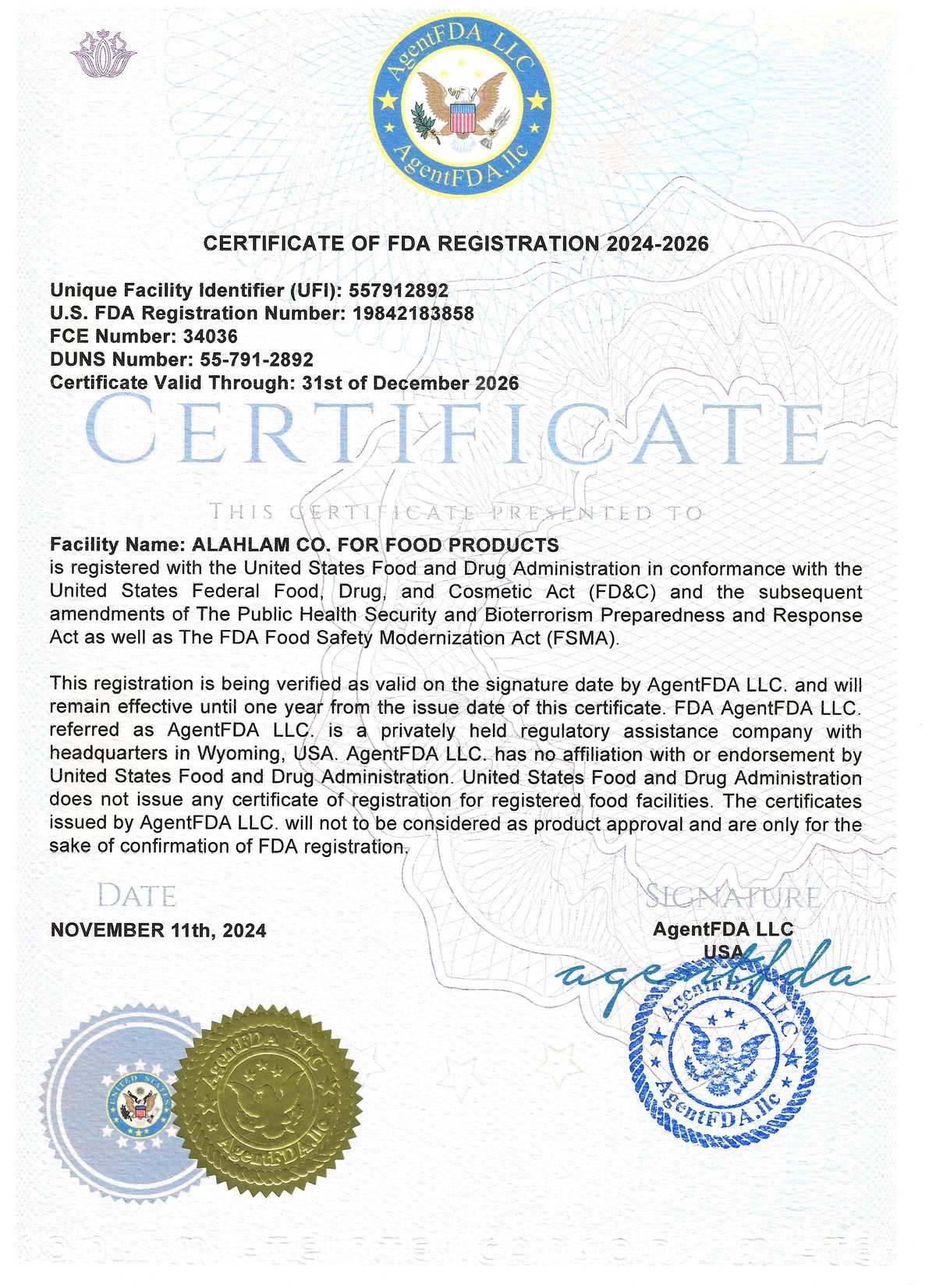 US FDA Certificate